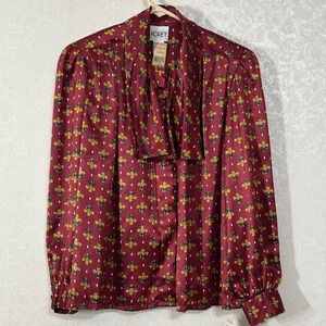 Koret Fleur-de-Lis Pussycat‎ Bow Secretary Blouse Satin VTG NWT Burgundy 12P